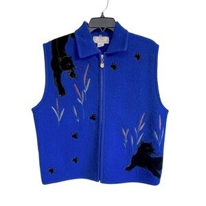 Lisa International Vintage Black Panther Blue Vest 100% Boiled Wool Size XLarge